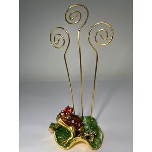 Vintage Frog Prince Enameled Photo Card Holder Gold Tone Rhinestone Lily Pad